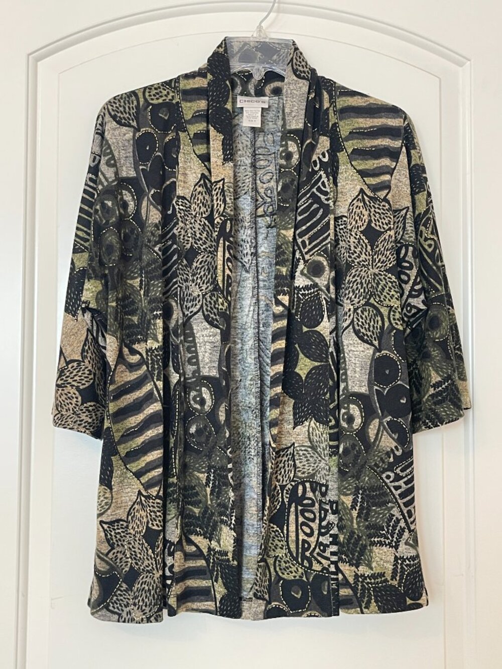 Chico's Top Cardigan Light Weight Open Drape Front Abstract Floral 0 Small